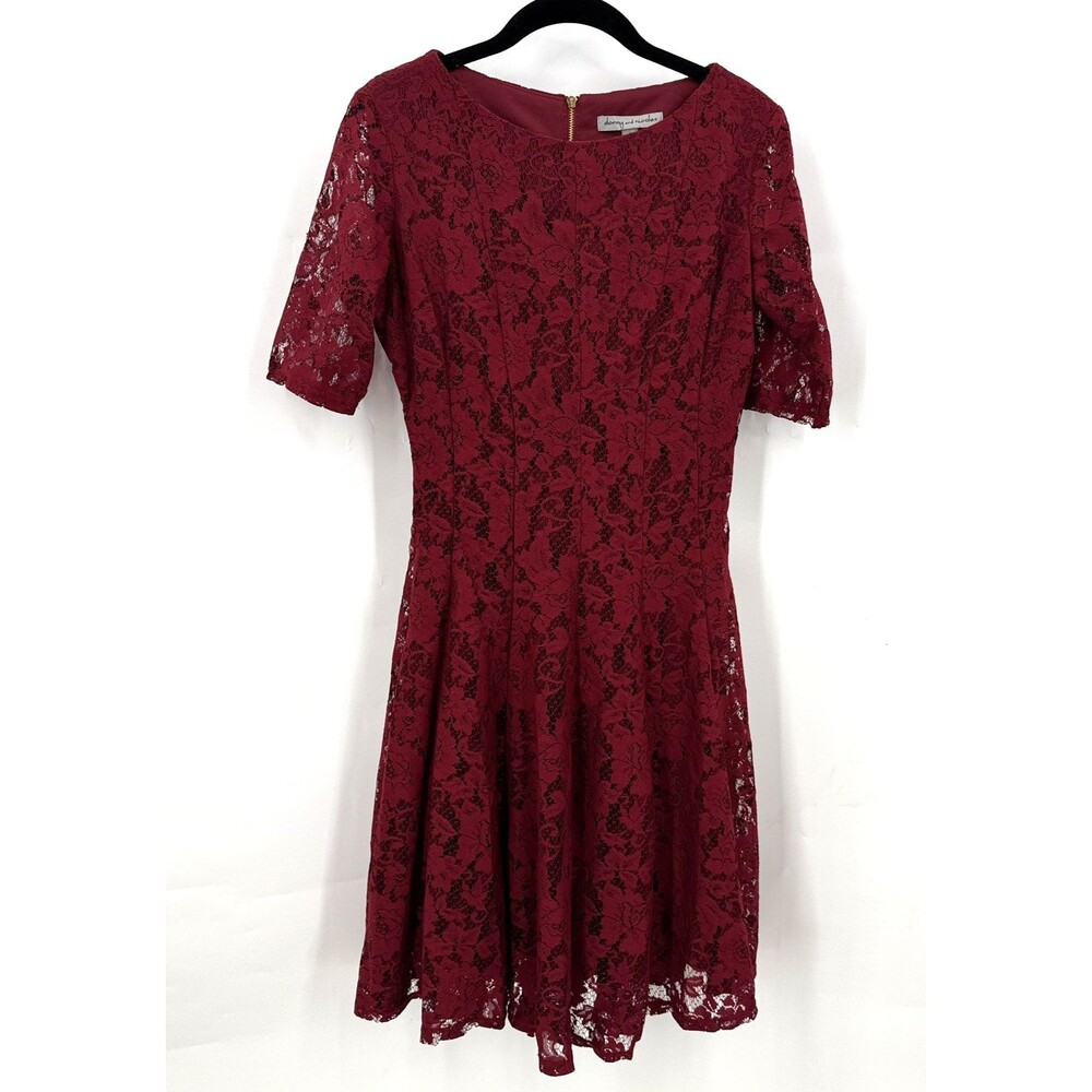 Danny & Nicole Lace Dress Women 4 Burgundy Floral Fit Flare Midi Cocktail Party